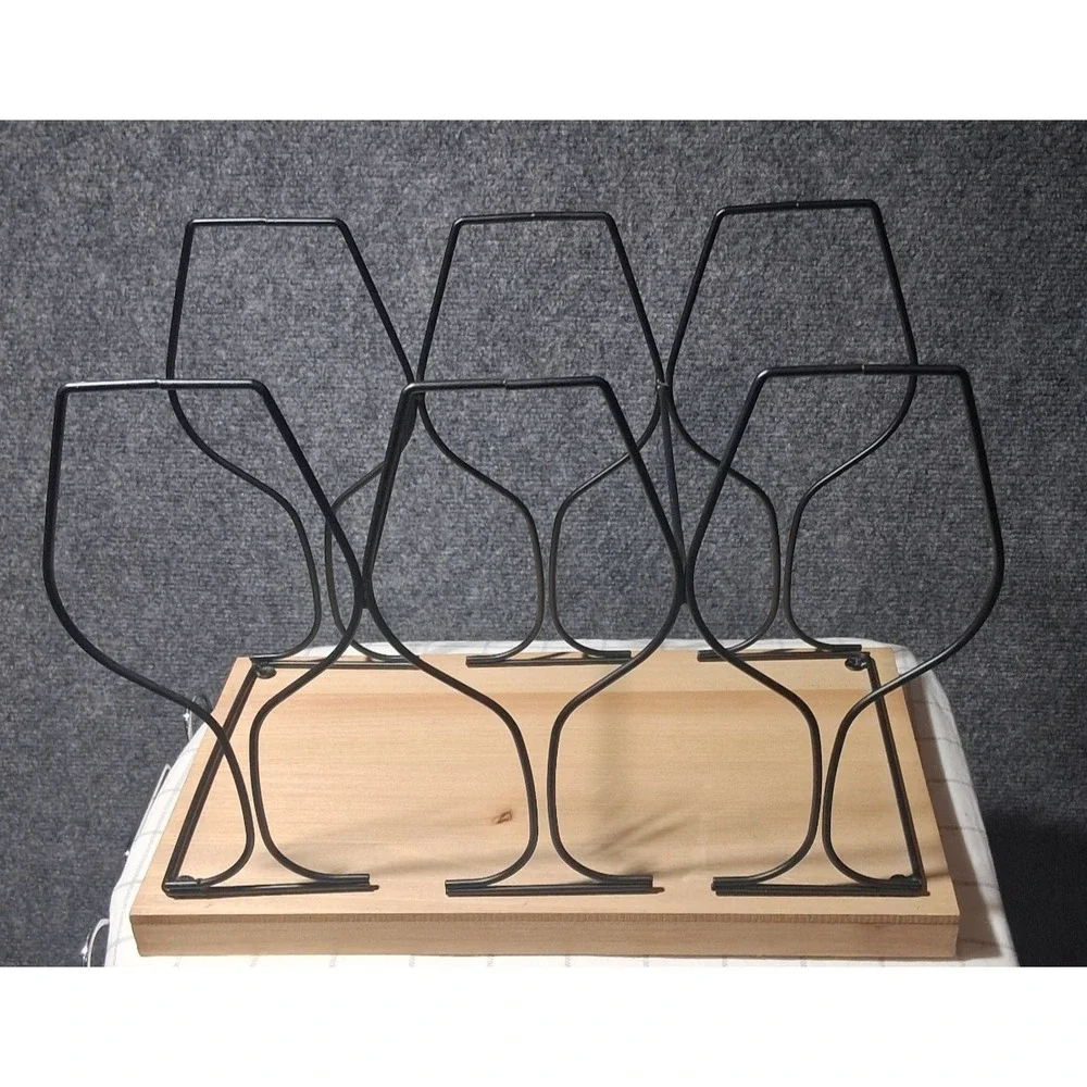 Modern Industrial 6 Bottle Wine‎ Rack Wood Base Black Metal Wire Frame 303839